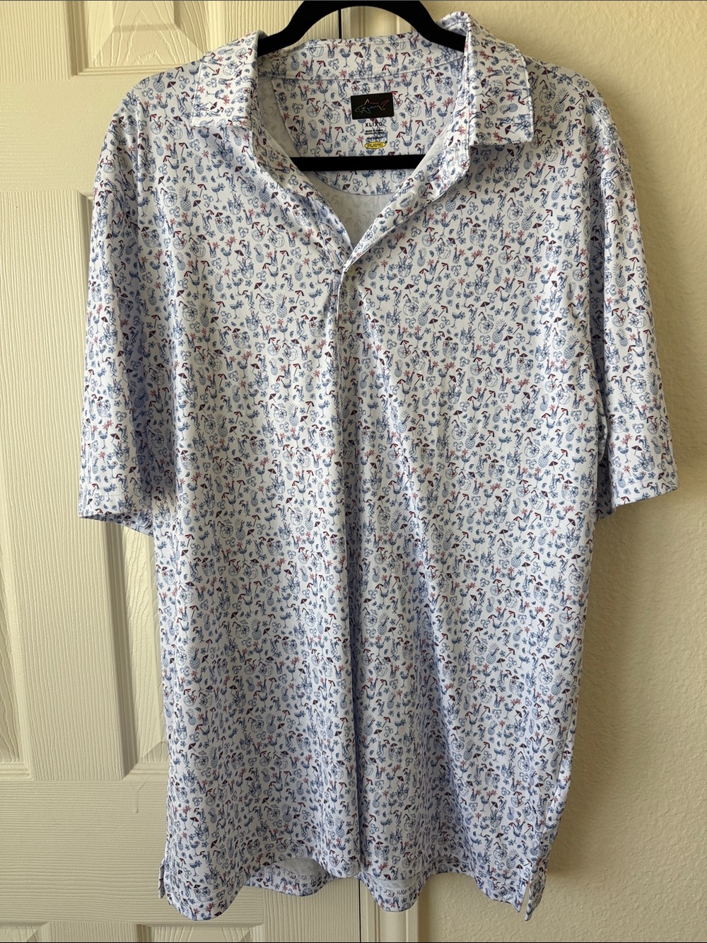 Greg Norman Collection White Polo with Blue and Red Micro Print
